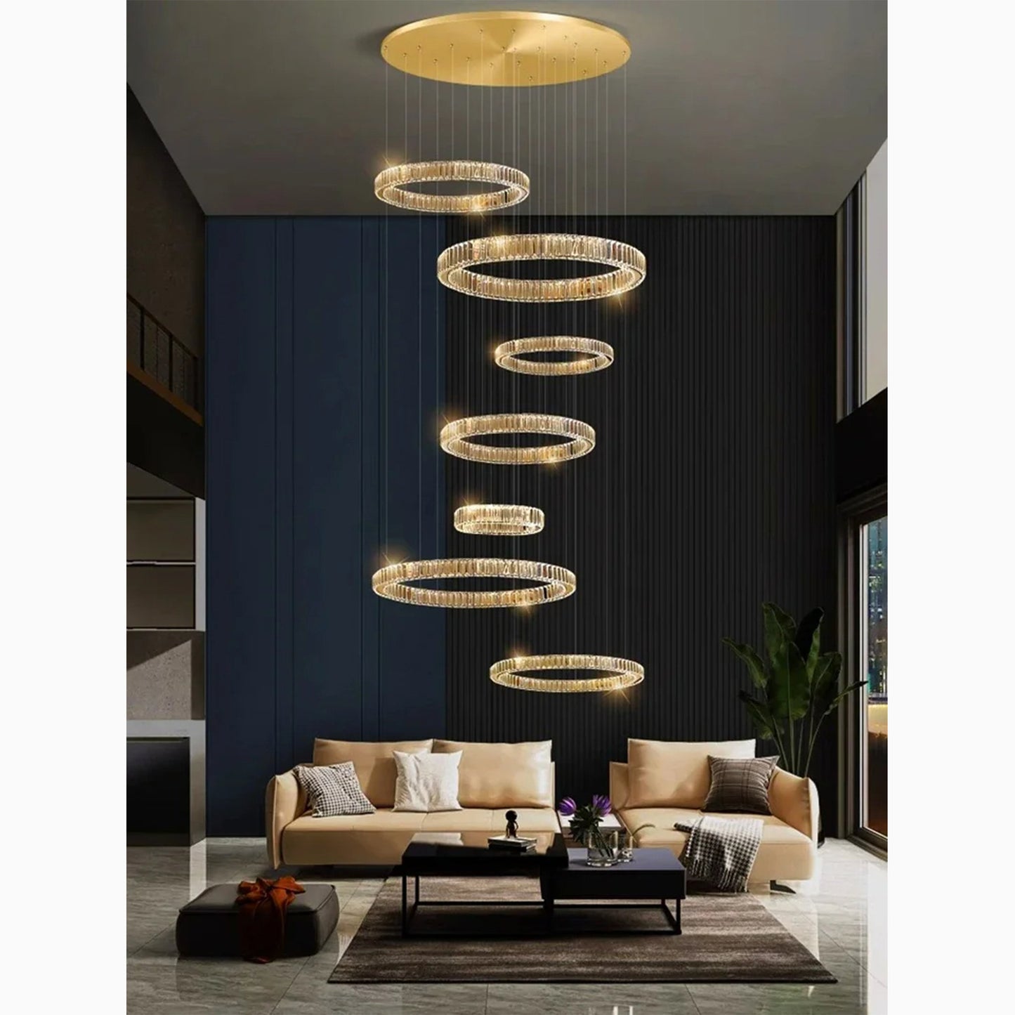 Agrate Conturbia | Stunning Cascading Crystal Rings Pendant Chandelier, Dia50+70+30+40+60+30+40cm / Dia19.7+27.6+11.8+15.7+23.6+11.8+15.7'By Miron Demid LLC