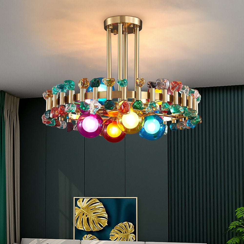 Kloten | Modern Drum Colorful Crystal Chandelier for Living Room, Colorful Crystal, 8 Bulbs - Dia23.6"By Miron Demid LLC
