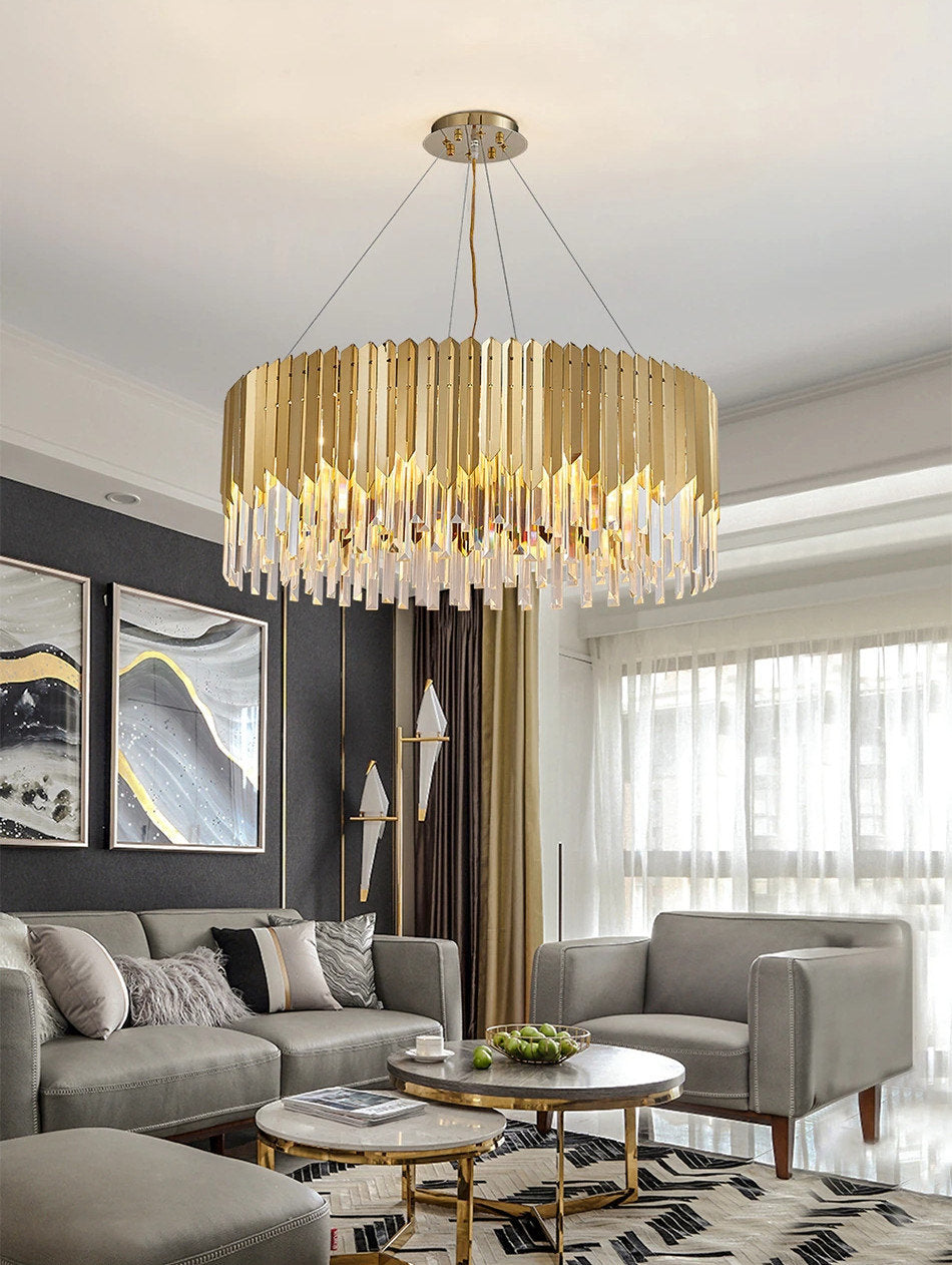 Gent | Drum Gold Crystal Chandelier for Living Room, 31.5"By Miron Demid LLC