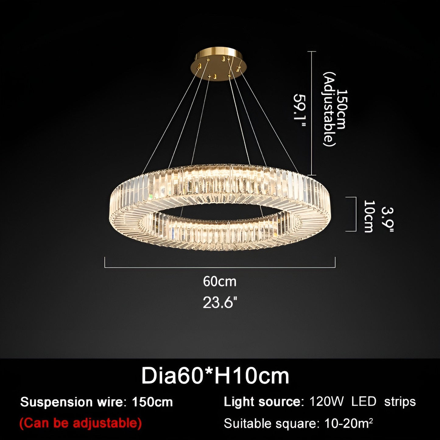 Cadrezzate | Round Luxury Crystal Hanging LED Chandelier, Gold, Dia23.6xh3.9", Warm Light, DimmableBy Miron Demid LLC