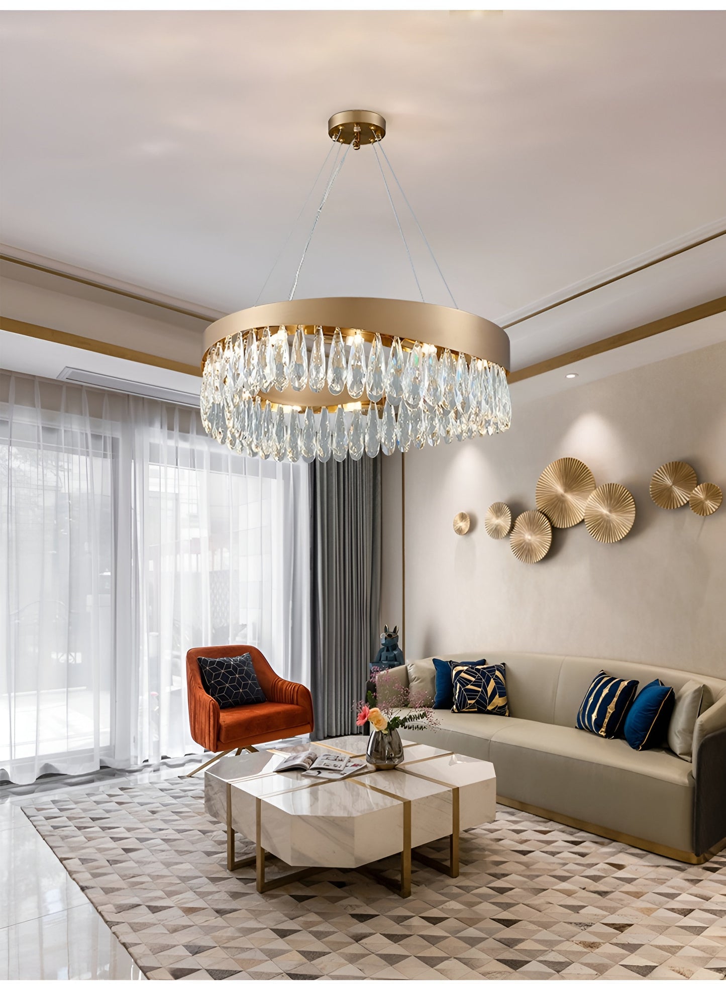 Borgio Verezzi | Gold Crystal Сurve Hanging Light Fixture, 31.5''By Miron Demid LLC