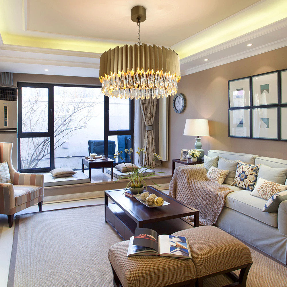 Almese | Drum Gold/Black Crystal Chandelier For Living Room, Gold, Dia23.6"By Miron Demid LLC