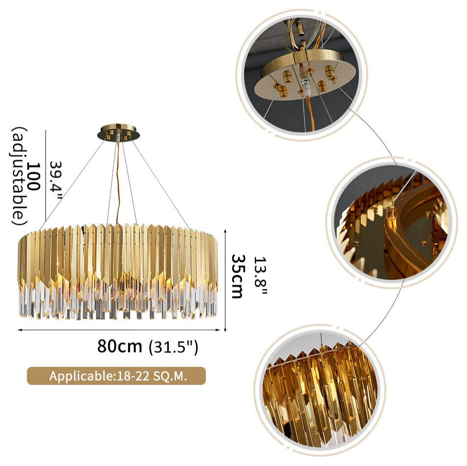 Gent | Drum Gold Crystal Chandelier for Living Room, 31.5"By Miron Demid LLC