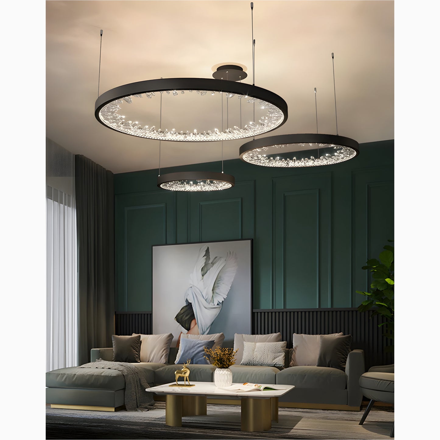 Altidona | Black Rings Modern Crystal Creative Luxury Hanging Led Chandelier, 3 Rings 4 BasesBy Miron Demid LLC