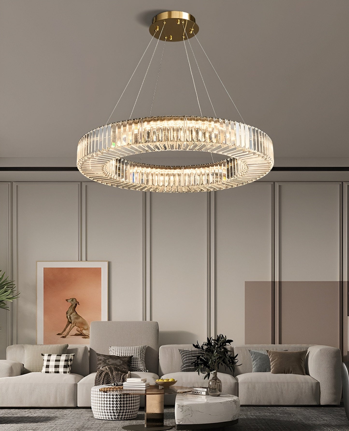 Cadrezzate | Round Luxury Crystal Hanging LED Chandelier, Gold, Dia23.6xh3.9", Warm Light, DimmableBy Miron Demid LLC