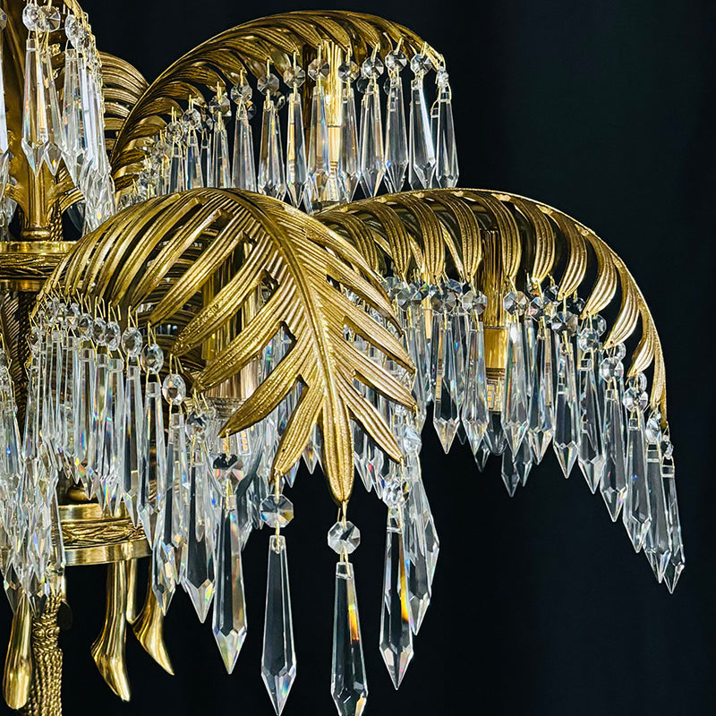 15-Light Chandelier in Brass with Crystal Drops and Palm Motif