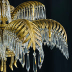 15-Light Chandelier in Brass with Crystal Drops and Palm Motif