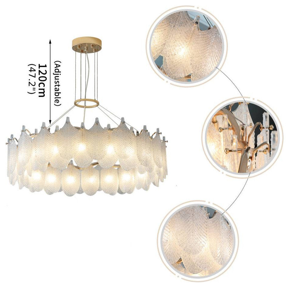 Algua | Round Gold Leaf White Frosted Glass Chandelier for Living Room, Dia31.5"By Miron Demid LLC