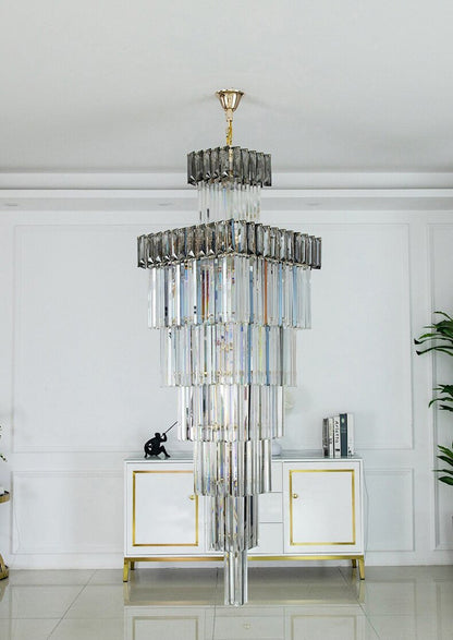 Beuil | High-end Villa Staircase Square Crystal Chandelier, Smoke Gray, H118.1"By Miron Demid LLC