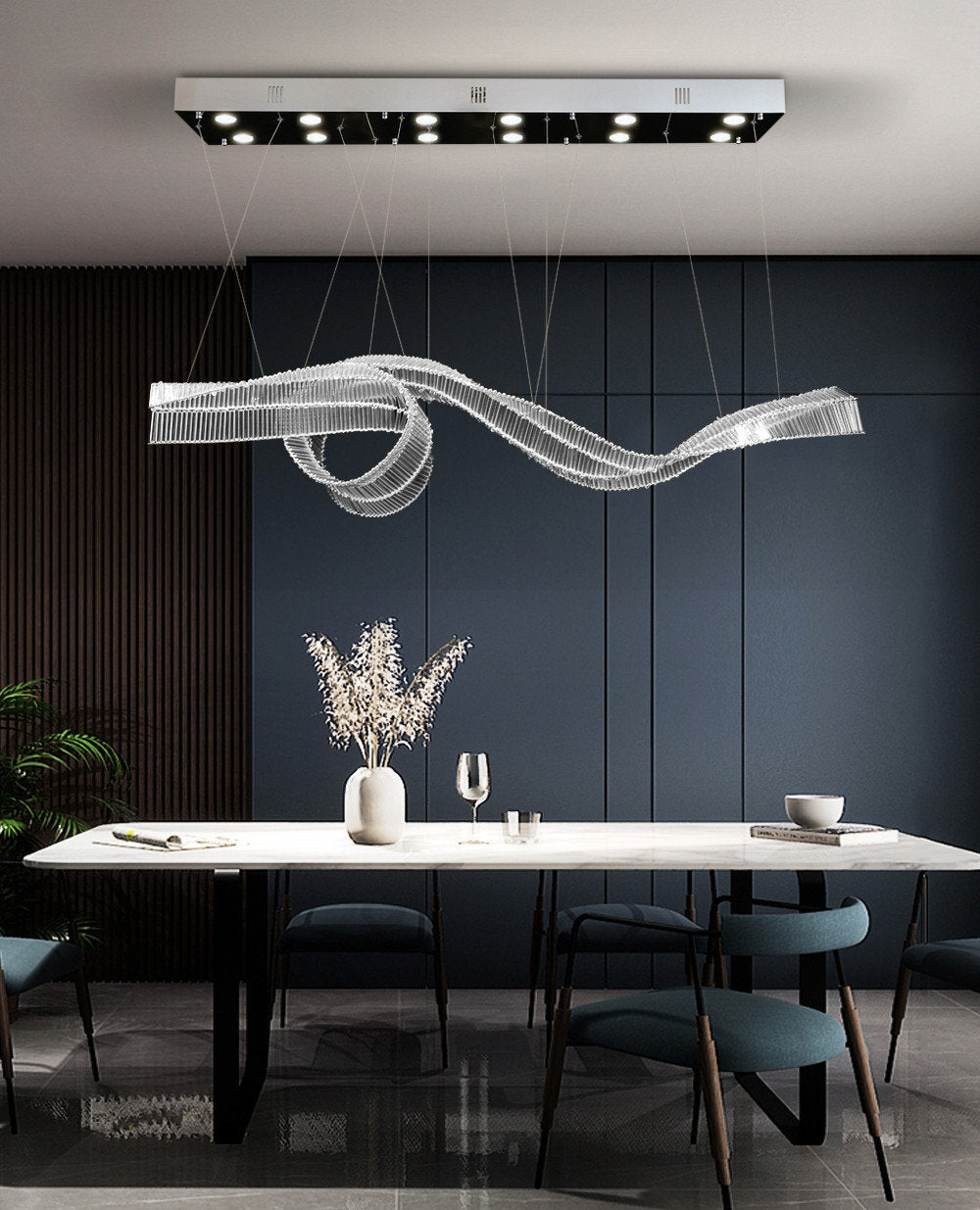 Alassio | Creative LED Chandelier in the Shape of Ribbon, Silver, L39.4" / L100.0cm, Warm Light, DimmableBy Miron Demid LLC