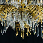 15-Light Chandelier in Brass with Crystal Drops and Palm Motif