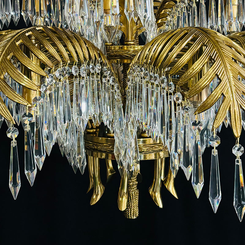 15-Light Chandelier in Brass with Crystal Drops and Palm Motif