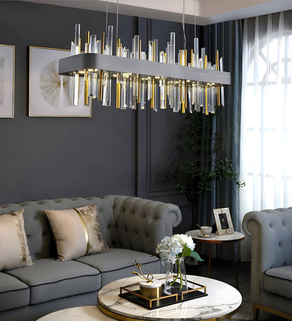 Gold And Black Rectangle Crystal Kitchen Chandelier, Brushed Black, 43.3", Cool LightBy Miron Demid LLC