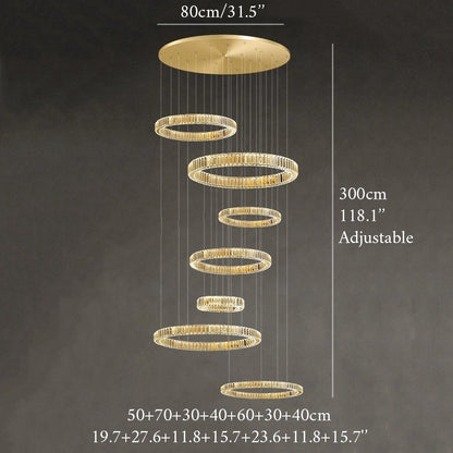 Agrate Conturbia | Stunning Cascading Crystal Rings Pendant Chandelier, Dia50+70+30+40+60+30+40cm / Dia19.7+27.6+11.8+15.7+23.6+11.8+15.7'By Miron Demid LLC