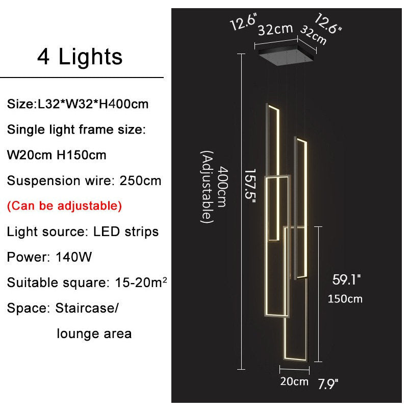 Lavagna | Ultramodern Rectangle Hanging LED Chandelier, Black, 4 Lights (H157.5"), Cool Light, DimmableBy Miron Demid LLC