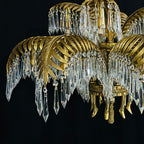 15-Light Chandelier in Brass with Crystal Drops and Palm Motif