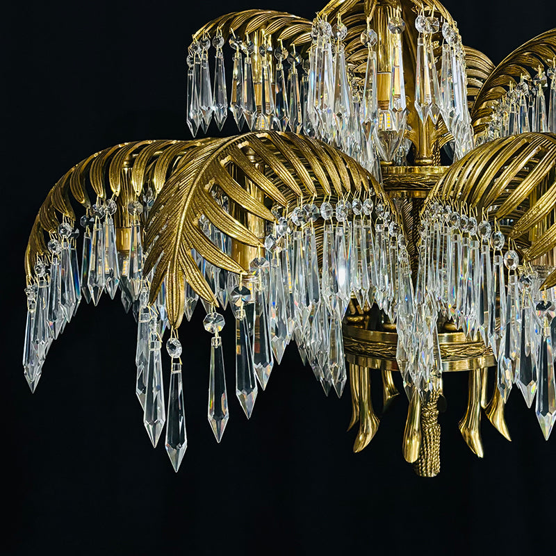 15-Light Chandelier in Brass with Crystal Drops and Palm Motif