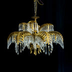 15-Light Chandelier in Brass with Crystal Drops and Palm Motif