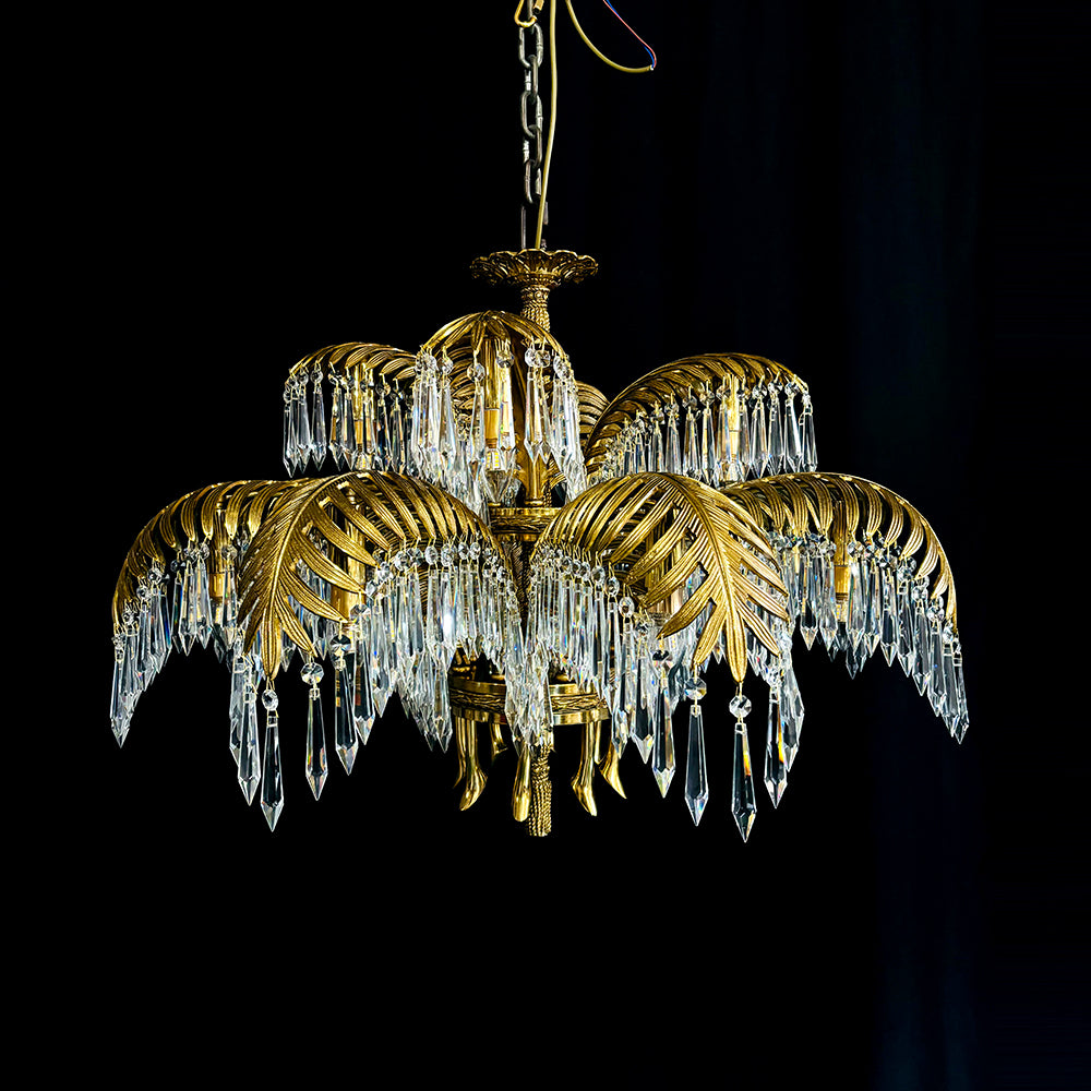 15-Light Chandelier in Brass with Crystal Drops and Palm Motif