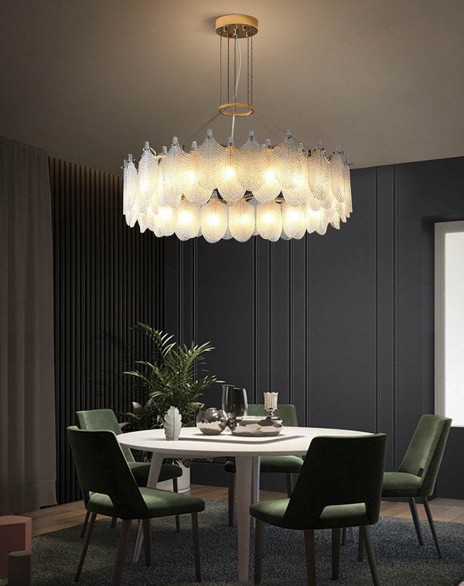 Algua | Round Gold Leaf White Frosted Glass Chandelier for Living Room, Dia31.5"By Miron Demid LLC