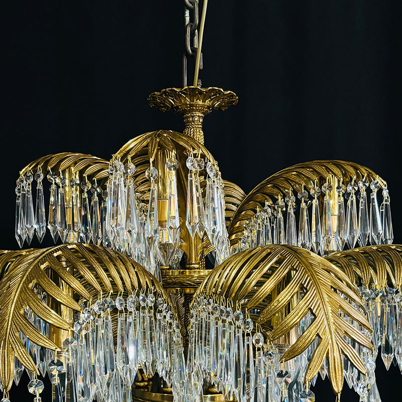 15-Light Chandelier in Brass with Crystal Drops and Palm Motif