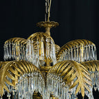 15-Light Chandelier in Brass with Crystal Drops and Palm Motif