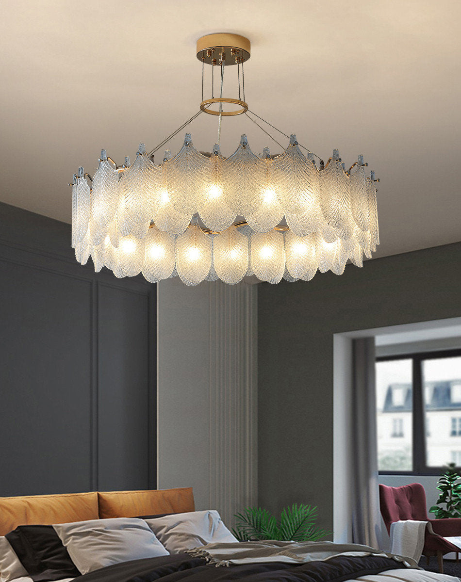 Algua | Round Gold Leaf White Frosted Glass Chandelier for Living Room, Dia31.5"By Miron Demid LLC