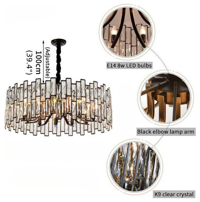Montreux | Modern Drum Black Crystal Chandelier for Living Room, 23.6"By Miron Demid LLC