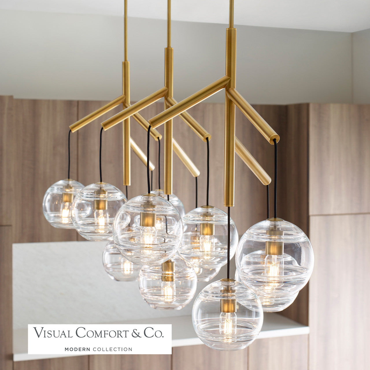 Sedona Triple Chandelier, 12-Light, LED, Aged Brass, Transparent Glass Orb, 24.5"W (700SDNMPL3CR-LED927 70E7GV5)