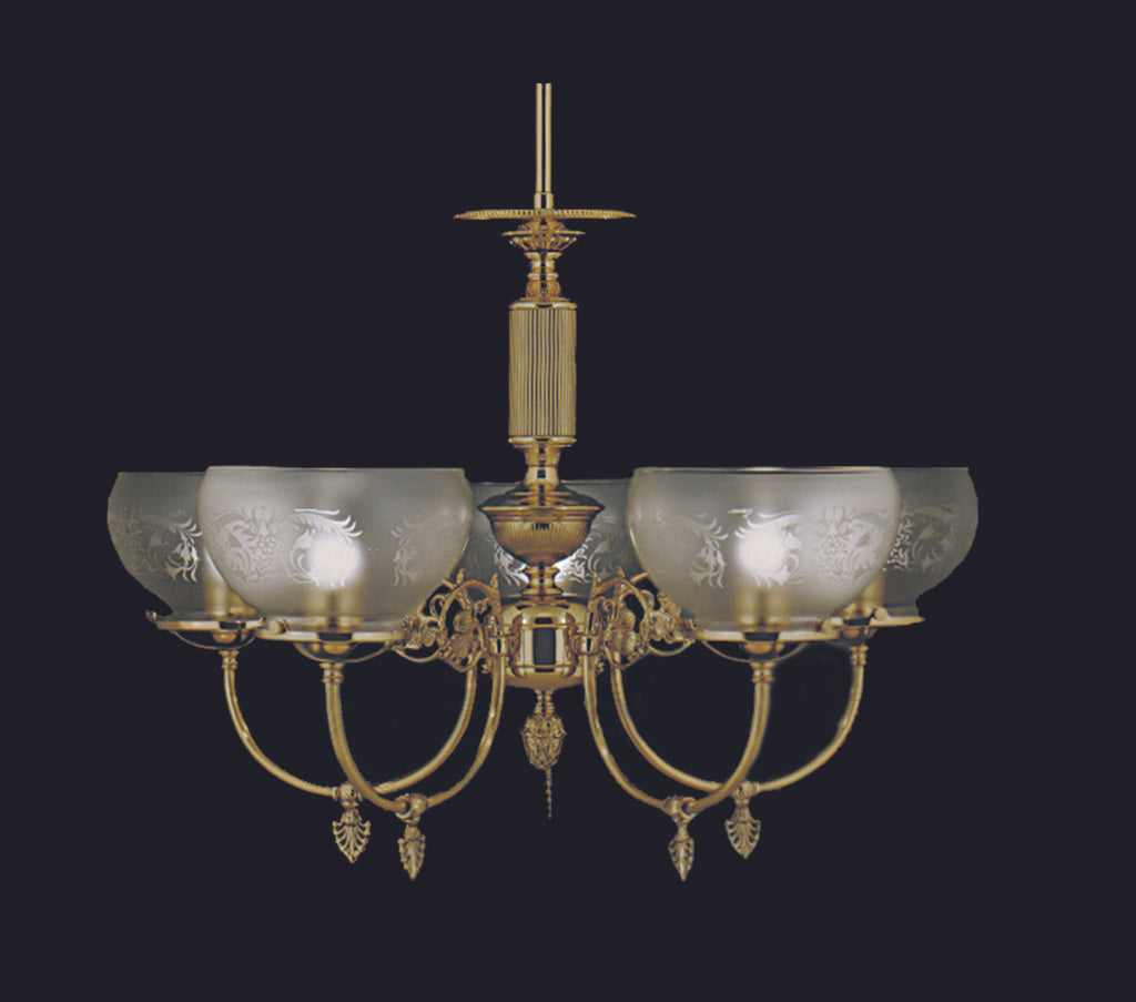 Chancery Chandelier, 5-Light, Polished Brass, Etched Glass Shade, 27"W (7525 PB R8MV)