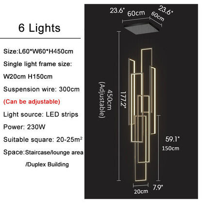 Lavagna | Ultramodern Rectangle Hanging LED Chandelier, Gold, 6 Lights (H177.2"), Cool Light, Non-DimmableBy Miron Demid LLC