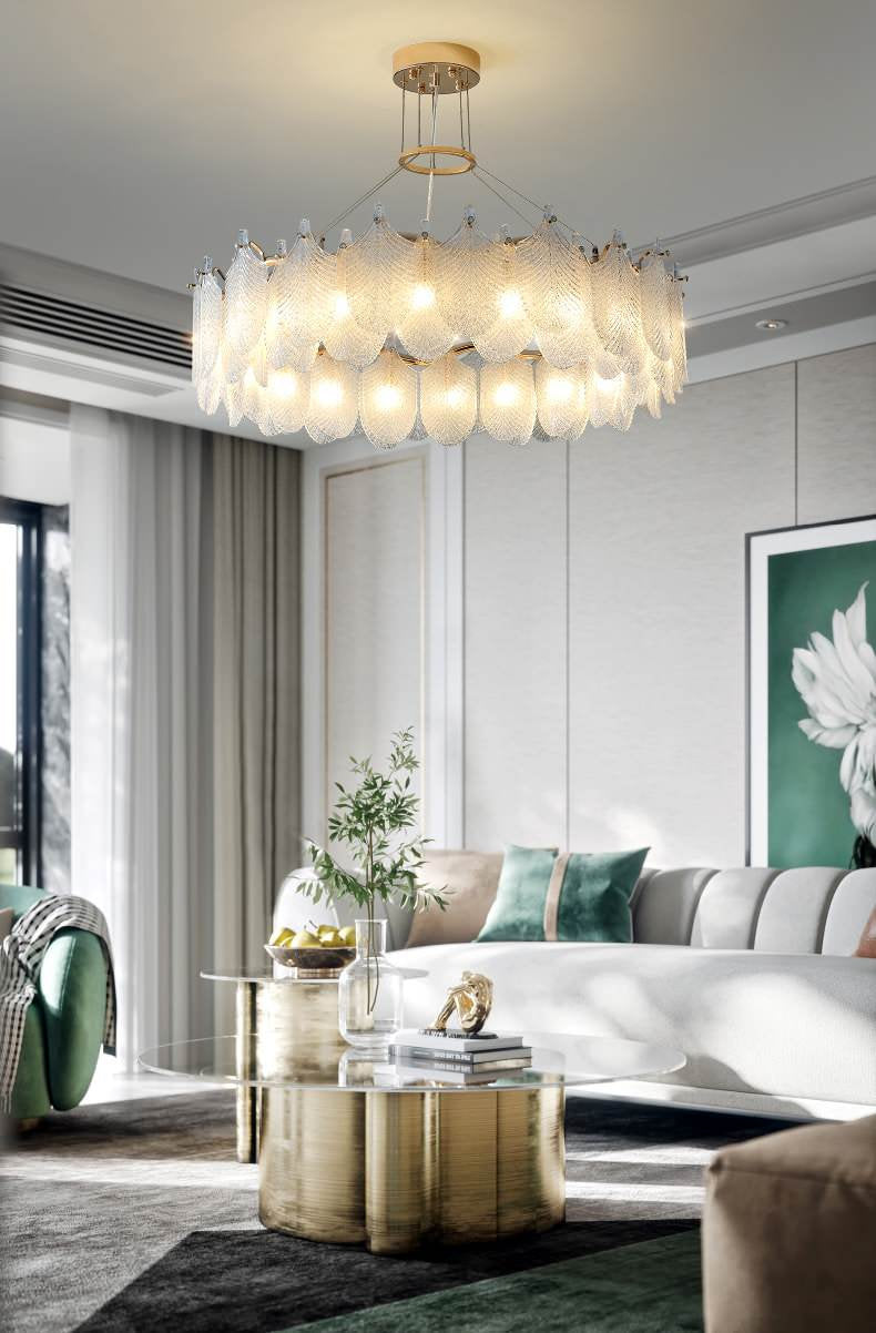Algua | Round Gold Leaf White Frosted Glass Chandelier for Living Room, Dia31.5"By Miron Demid LLC
