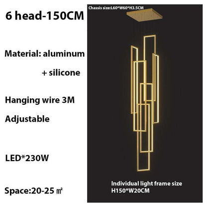 Lavagna | Ultramodern Rectangle Hanging LED Chandelier, Gold, 6 Lights (H177.2"), Cool Light, Non-DimmableBy Miron Demid LLC