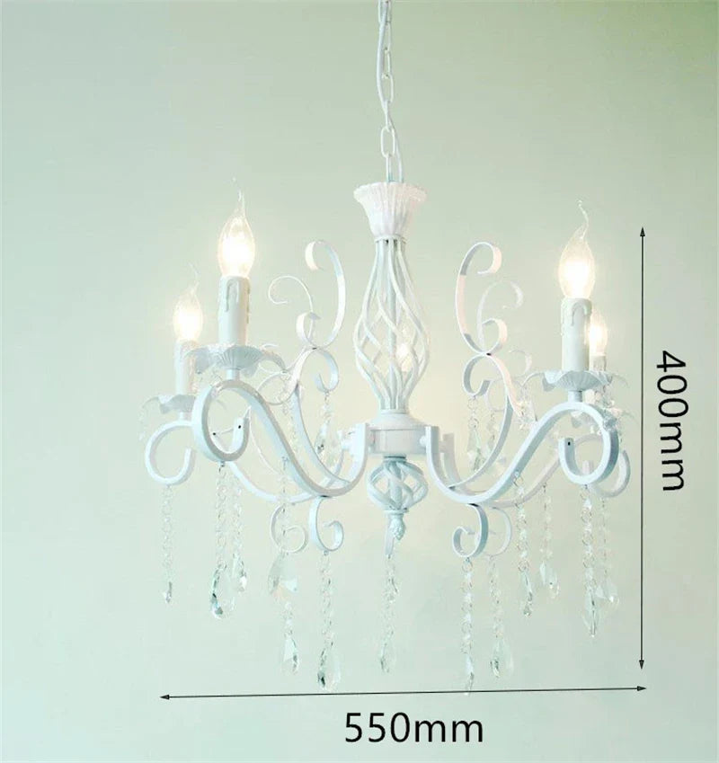 Vintage Wrought Iron Crystal Chandelier White Ceiling Lamp with E14 Candle Lights