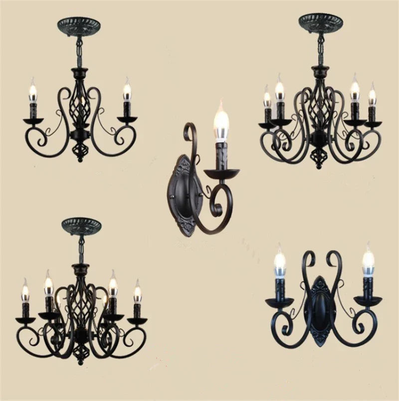 Black Wrought Iron Loft Chandelier for Living Room, Bar, Restaurant - Retro Industrial Style