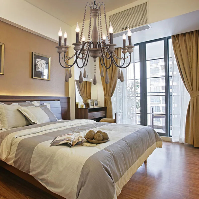 Wooden Retro Loft Chandelier - Mid Century Rustic Lighting for Living Room