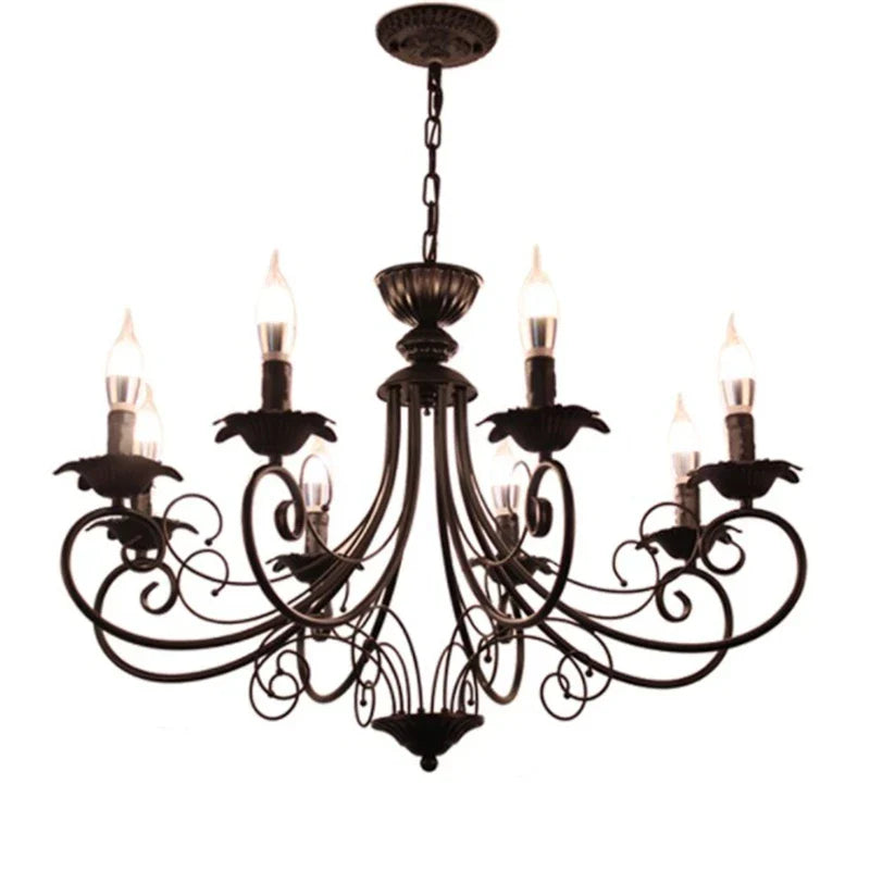 Retro Beige Black Chandelier - American Candle Lamp Iron Suspension Fixtures