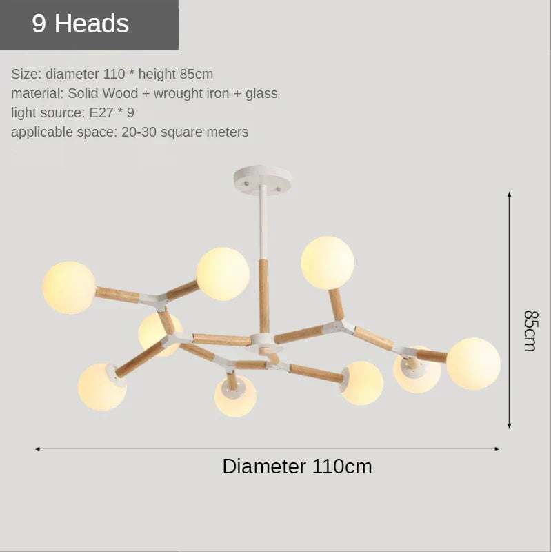 Nordic Wood Iron Glass Ball Chandelier LED Light Luxury Living Bedroom Restaurant Bar