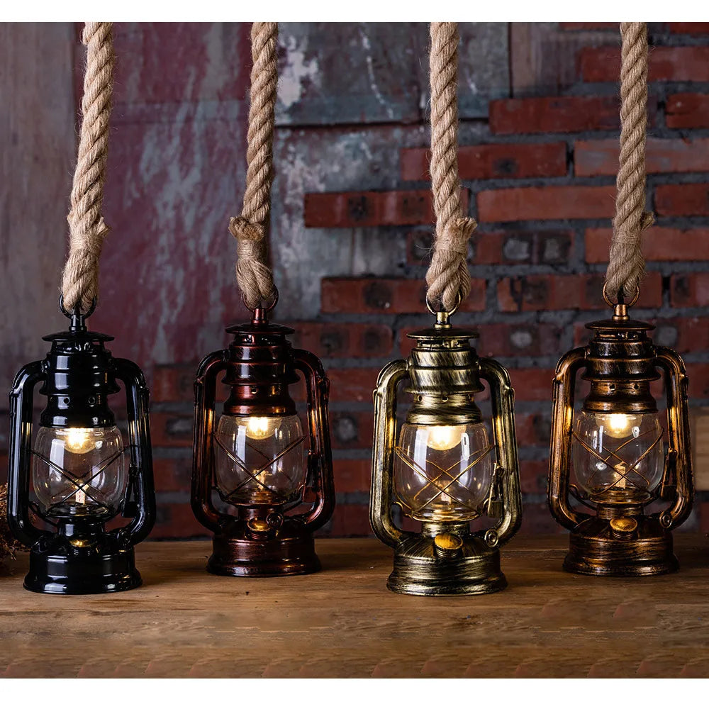 Retro Industrial Hemp Rope Kerosene Pendant Chandelier LED Ceiling Lamp