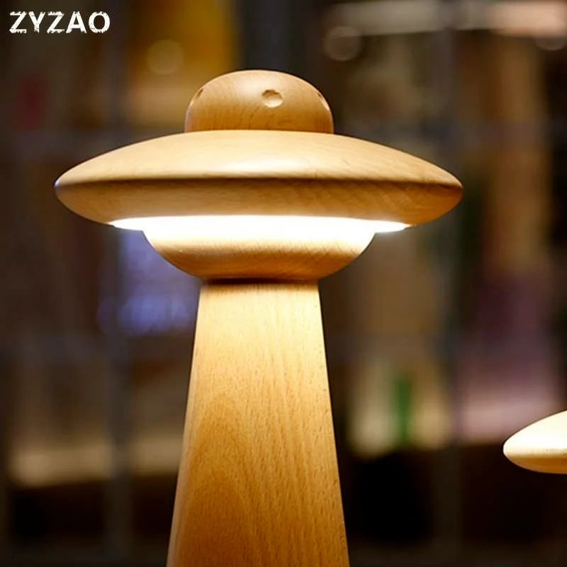 Kids UFO Wood LED Table Lamp: Modern, Dimmable, Cartoon Design, Ideal for Children's Bedroom