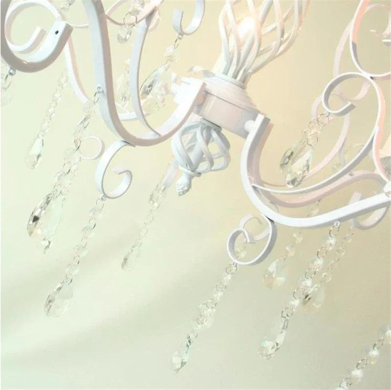 Vintage Wrought Iron Crystal Chandelier White Ceiling Lamp with E14 Candle Lights