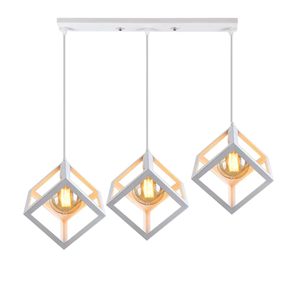 Geometric Cube Pendant Lights Trio Metal Shades Square Ceiling Lamps