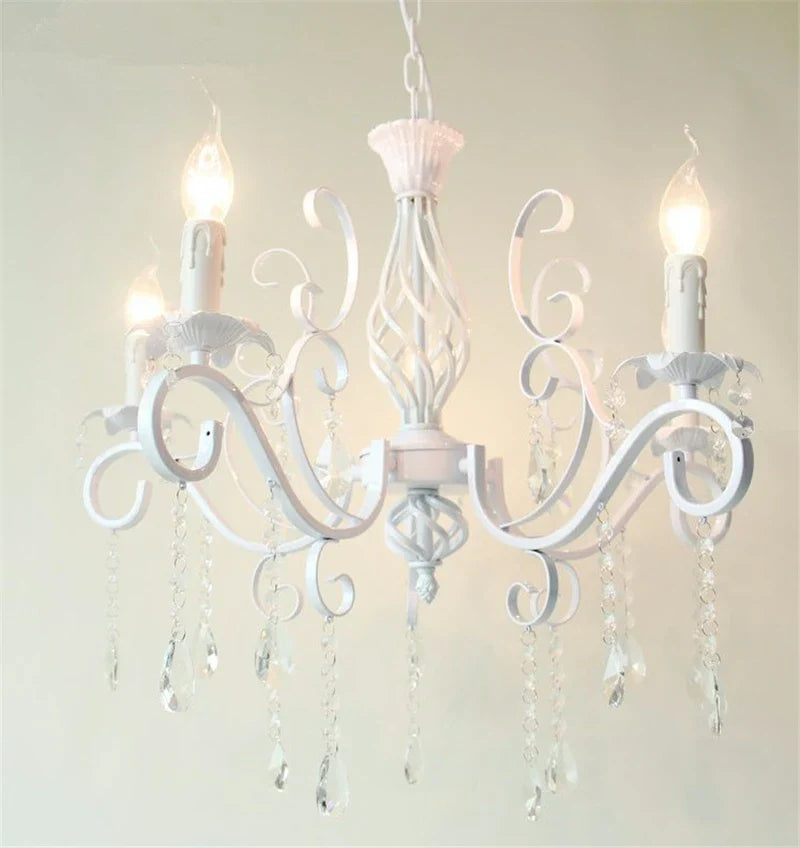 Vintage Wrought Iron Crystal Chandelier White Ceiling Lamp with E14 Candle Lights