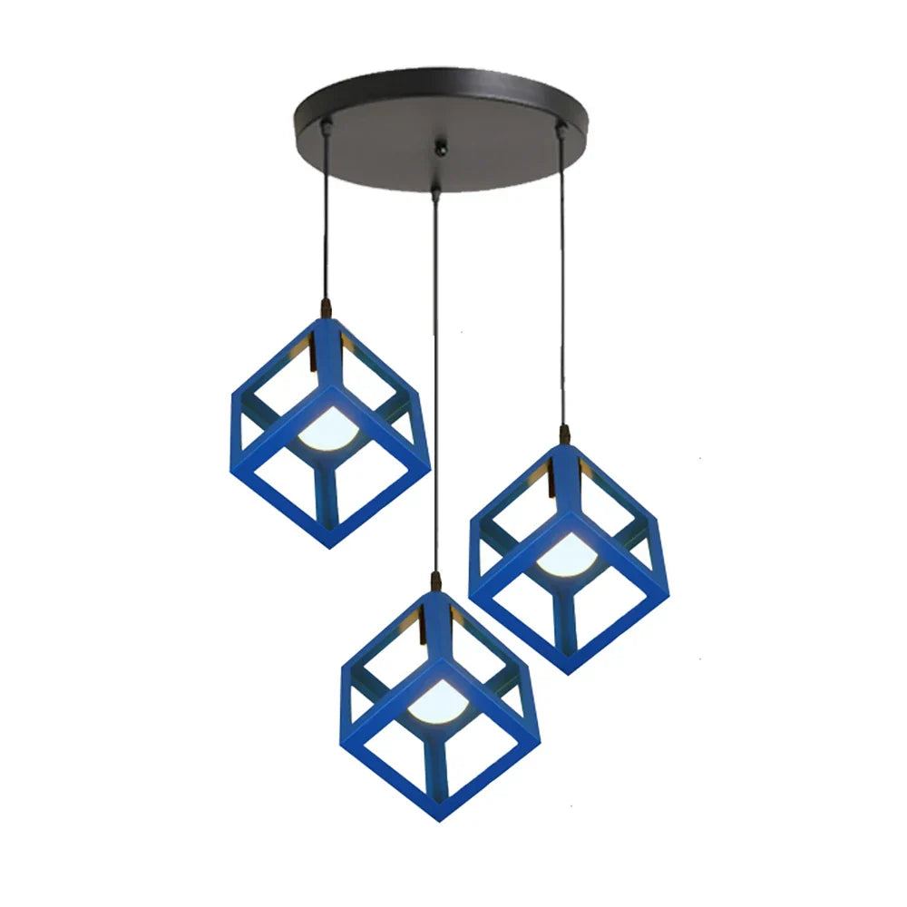 Geometric Cube Pendant Lights Trio Metal Shades Square Ceiling Lamps