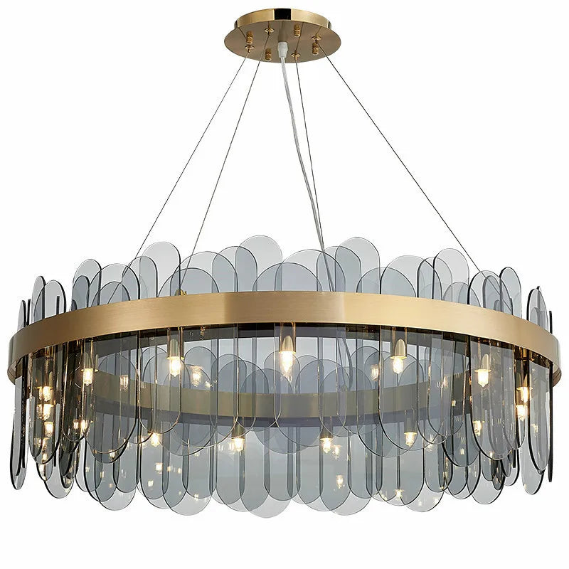 Luxury Gold Metal LED Chandeliers with Adjustable Brightness and Grey/White Glass
