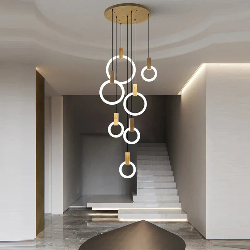 Wooden Ring LED Chandelier for Staircase and Dining Room Lighting