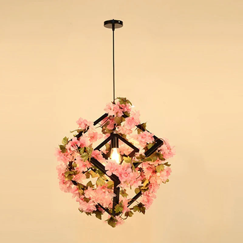 Green Plants Cherry Blossoms Chandelier, Elegant Pendant Lamp for Bar and Restaurant
