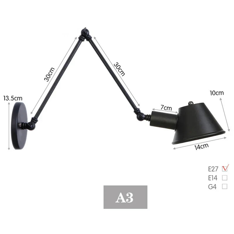 Vintage Iron Wall Sconce Lighting, E27 LED, Black Rustic Arm Wall Lights
