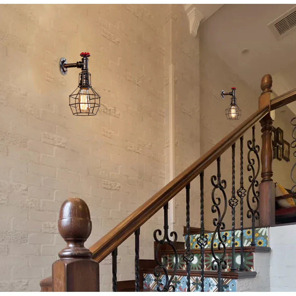 Vintage Industrial Iron Rust Wall Lamp Retro Cage Sconce for Living Room