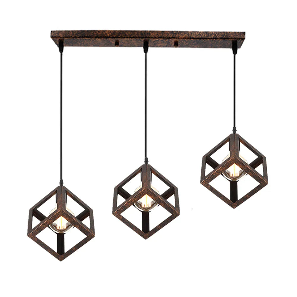 Geometric Cube Pendant Lights Trio Metal Shades Square Ceiling Lamps